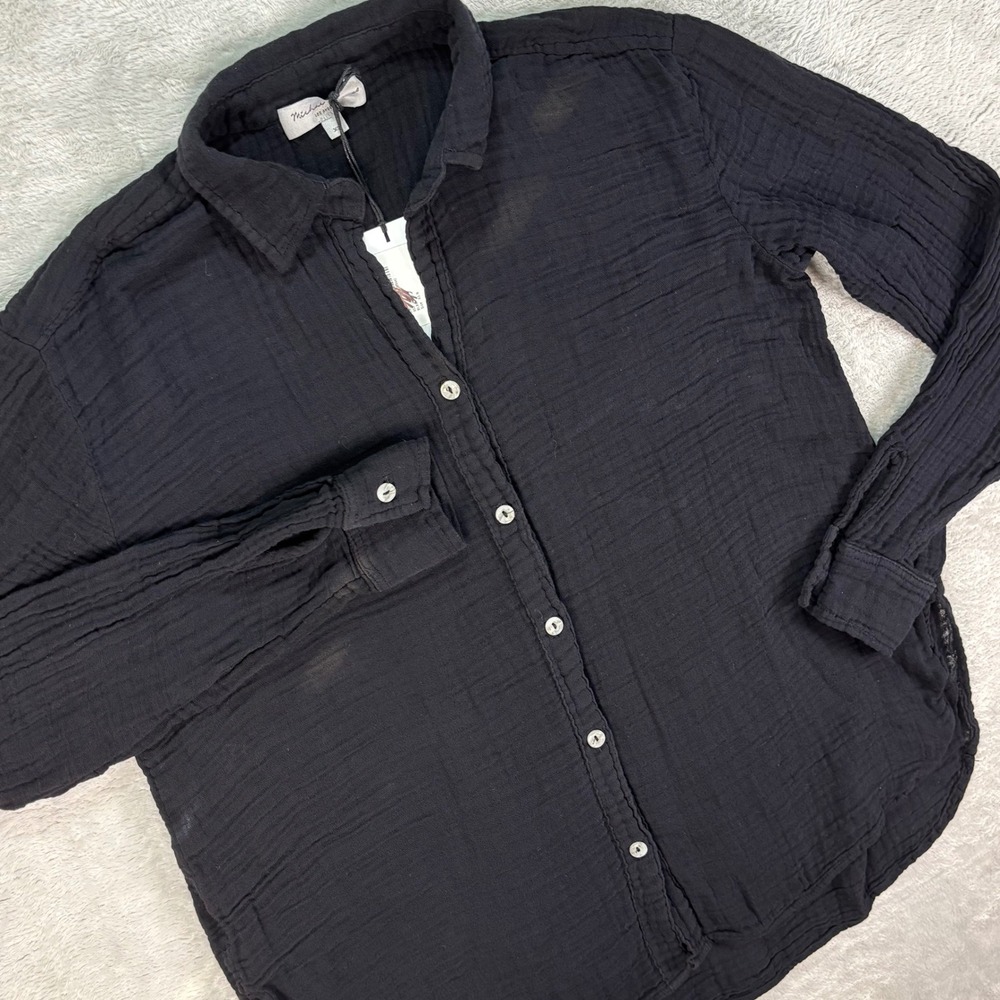 Michael Stars XS‎ Black Cotton Crinkle Button Front Long Sleeve Casual Top Gauze